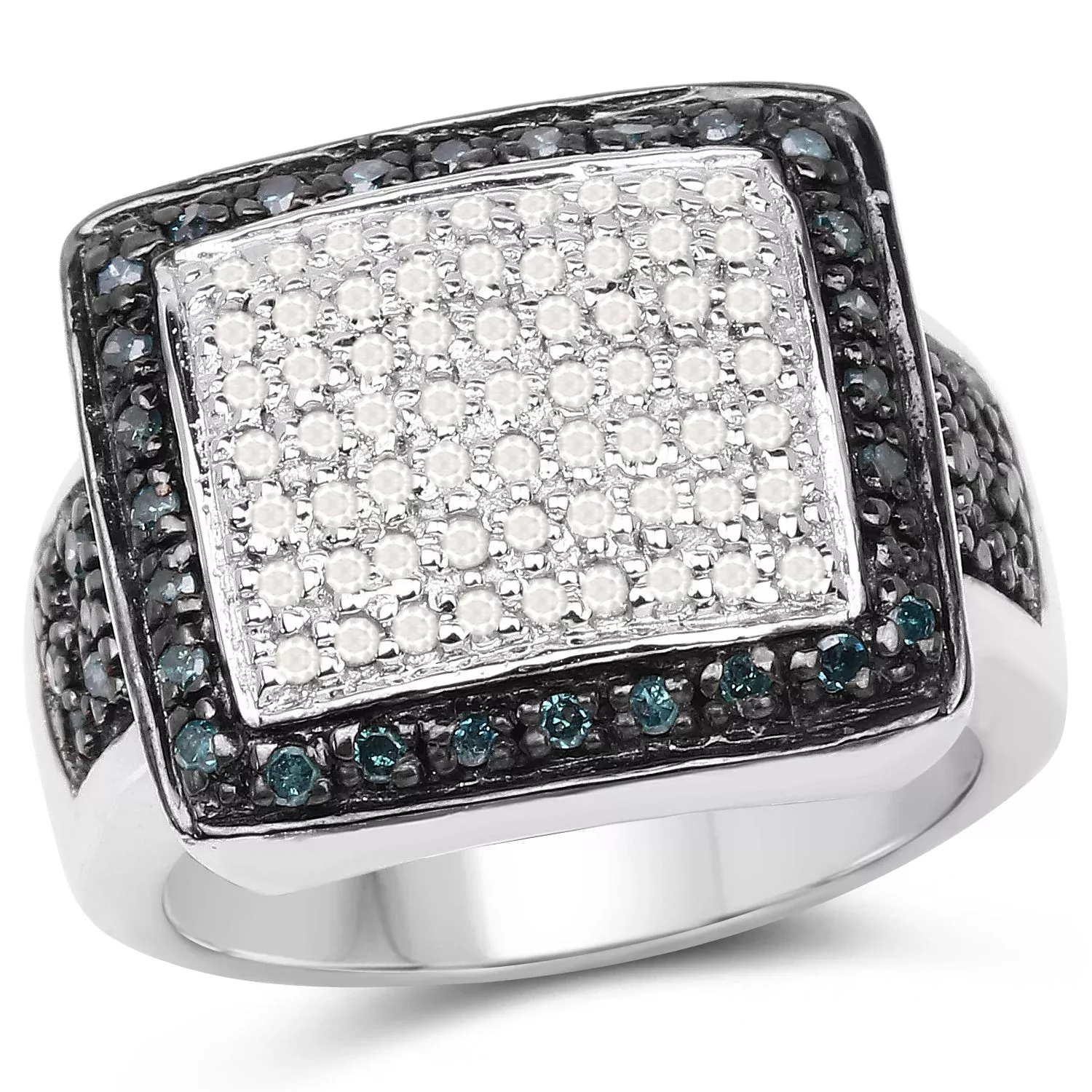 0.64 Carat Genuine White Diamond and Blue Diamond .925 Sterling Silver Ring