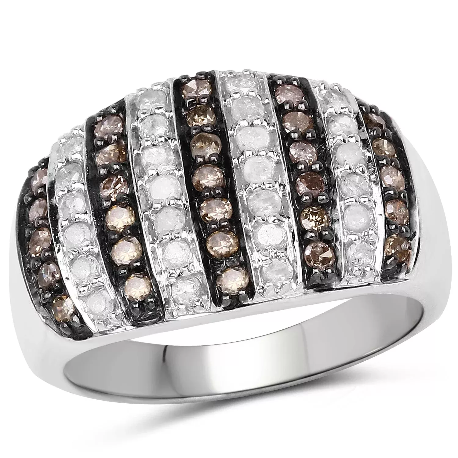0.83 Carat Genuine Champagne Diamond and White Diamond .925 Sterling Silver Ring