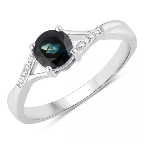 0.88 Carat Genuine Blue Sapphire and White Diamond 14K White Gold Ring