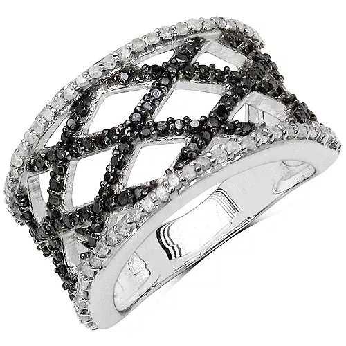0.92 Carat Genuine Black Diamond & White Diamond .925 Sterling Silver Ring