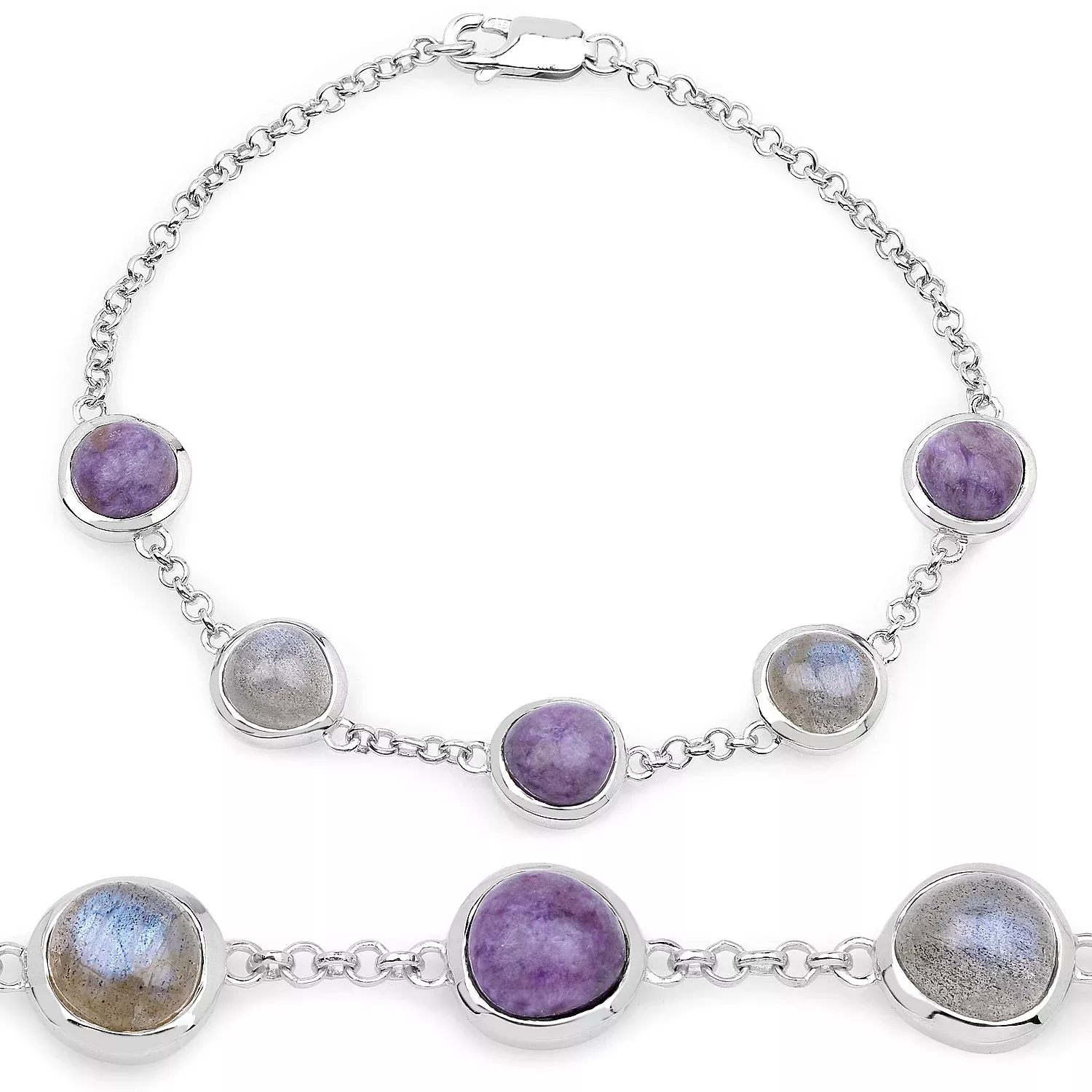 11.00 Carat Genuine Charolite And Labradorite .925 Sterling Silver Bracelet