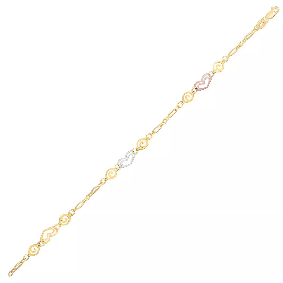 14k Tri-Color Gold Anklet with Multi Color Heart Stations