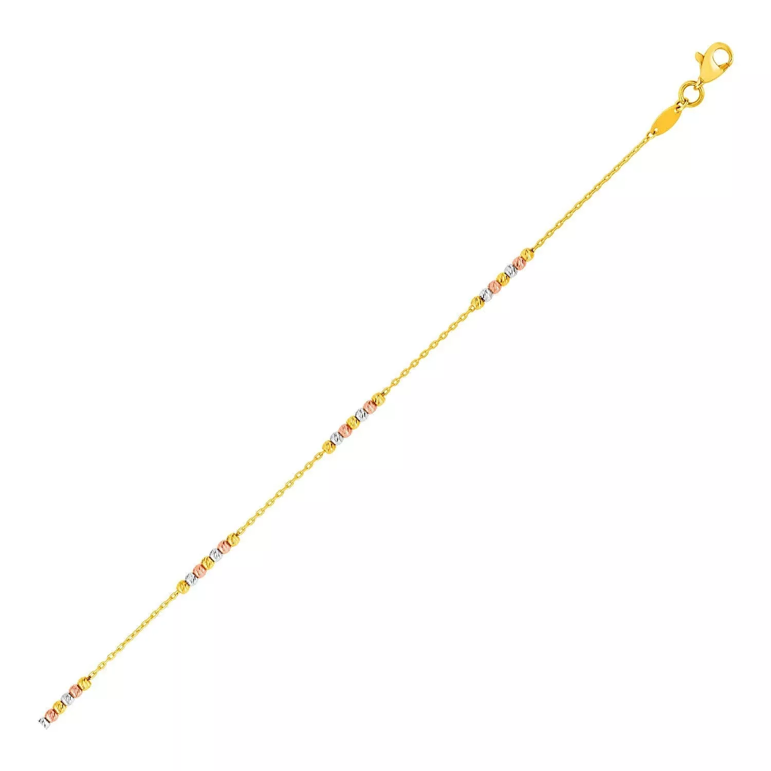 14k Tri Color Gold Anklet with Textured Beads