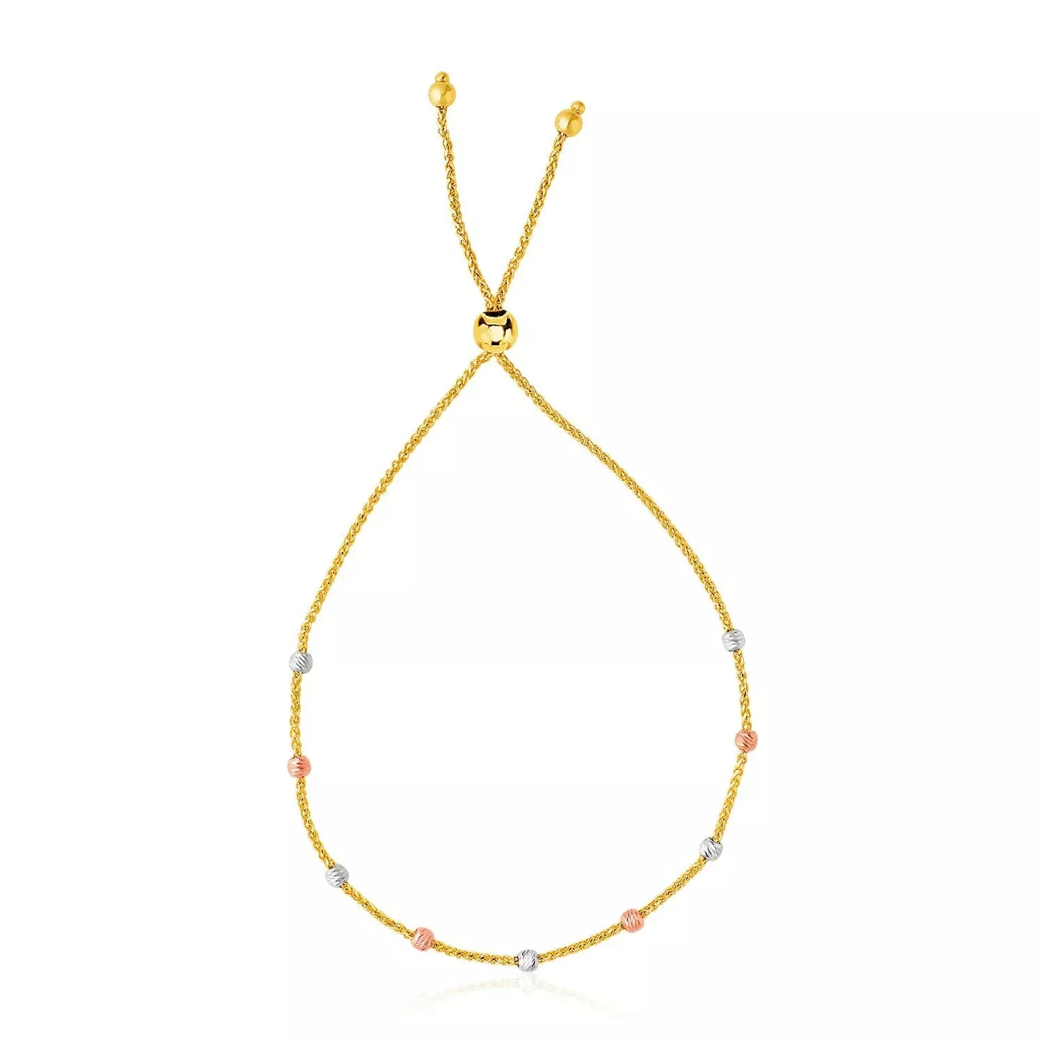 14k Tri-Color Gold Textured Bead Station Lariat Bracelet