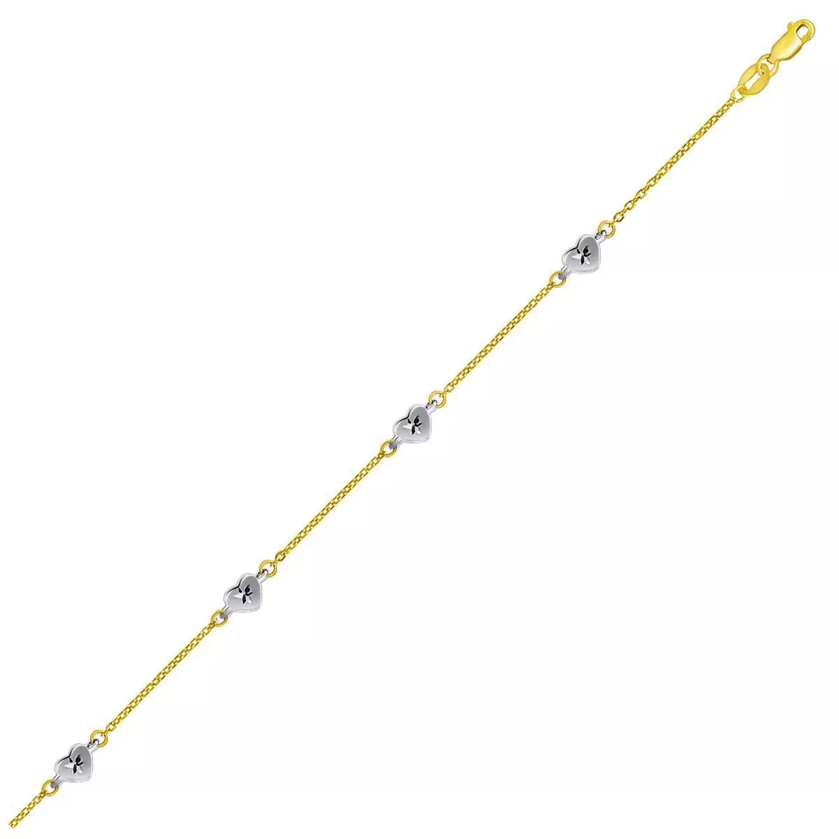 14k Two Tone Gold Anklet with Diamond Cut Heart Style Stations