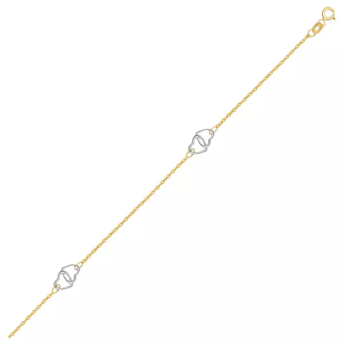 14k Two Tone Gold Entwined Heart Stationed Anklet