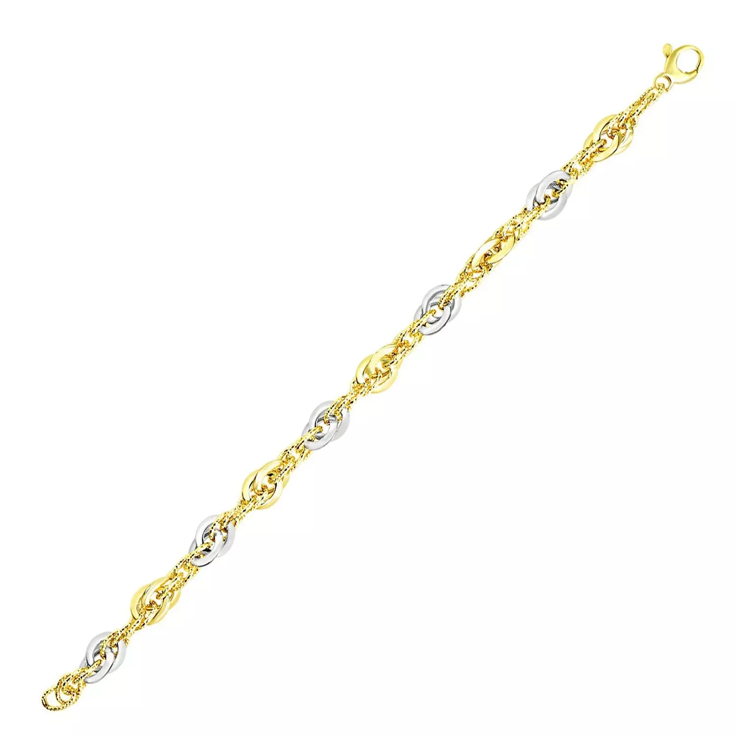 14k Two-Tone Gold Interlaced Smooth and Textured Link Bracelet