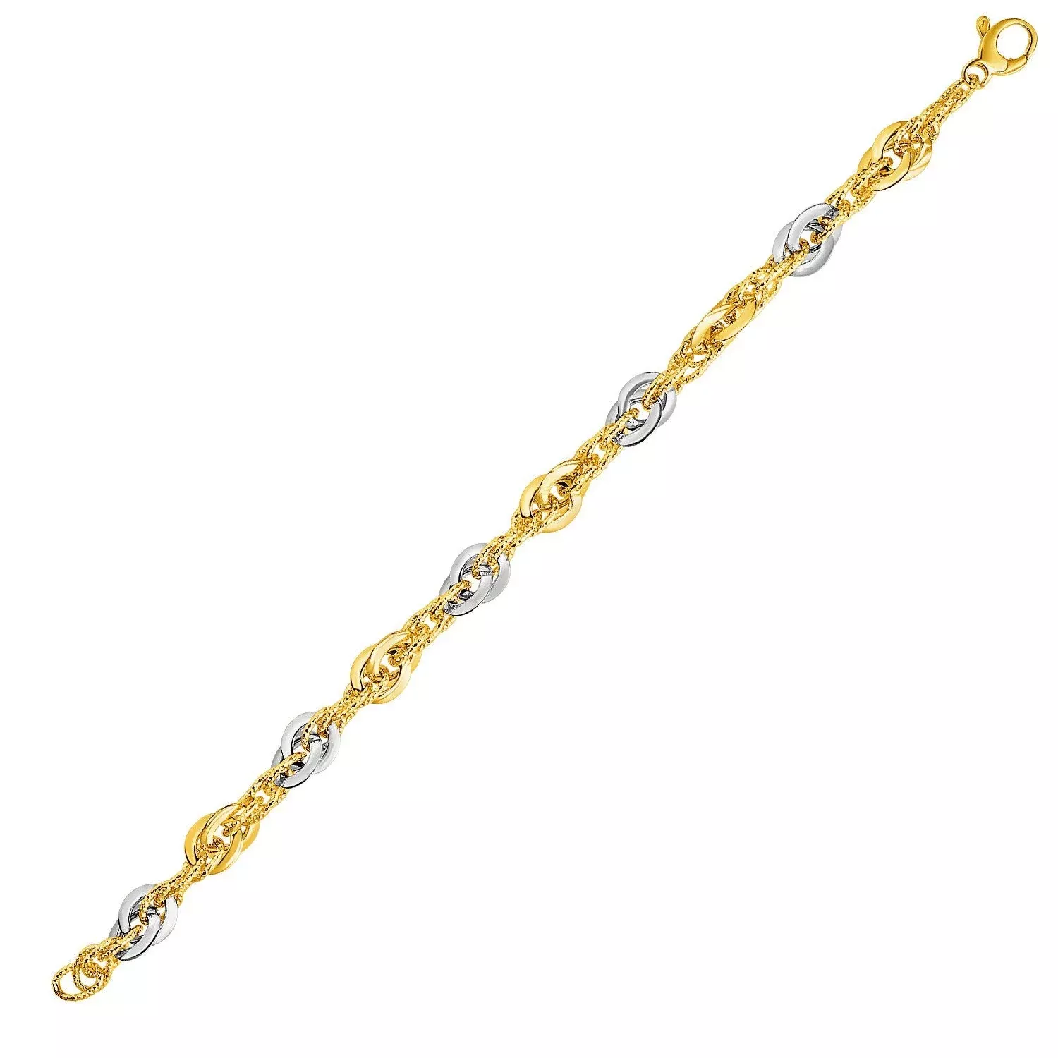14k Two-Tone Yellow and White Gold Double Link Textured Bracelet