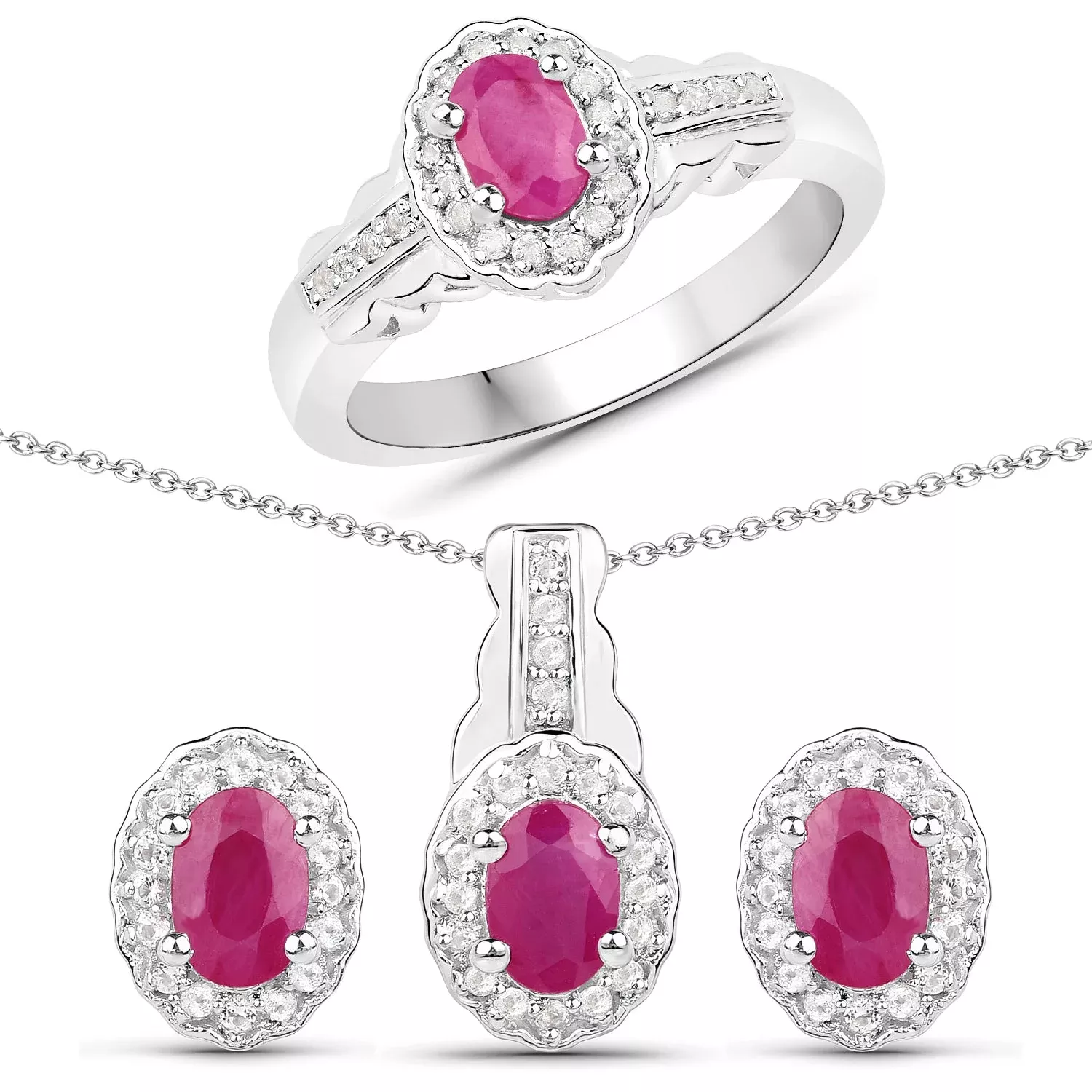 2.46 Carat Genuine Ruby and White Topaz .925 Sterling Silver 3 Piece Jewelry Set (Ring, Earrings, and Pendant w/ Chain)