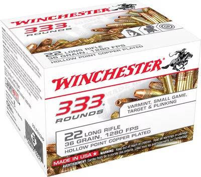 .22 Long Rifle Rimfire Ammunition, 333 Rounds, Hollow Point, 36 Grain