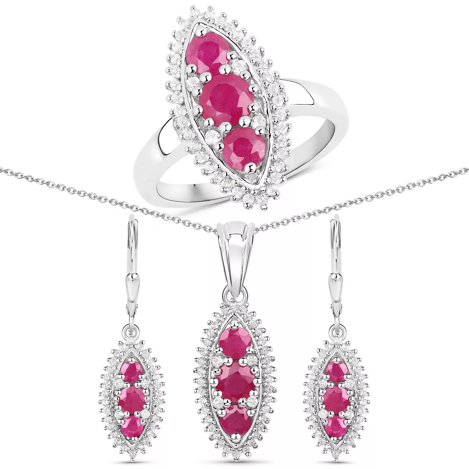 4.32 Carat Genuine Ruby and White Topaz .925 Sterling Silver 3 Piece Jewelry Set (Ring, Earrings, and Pendant w/ Chain)