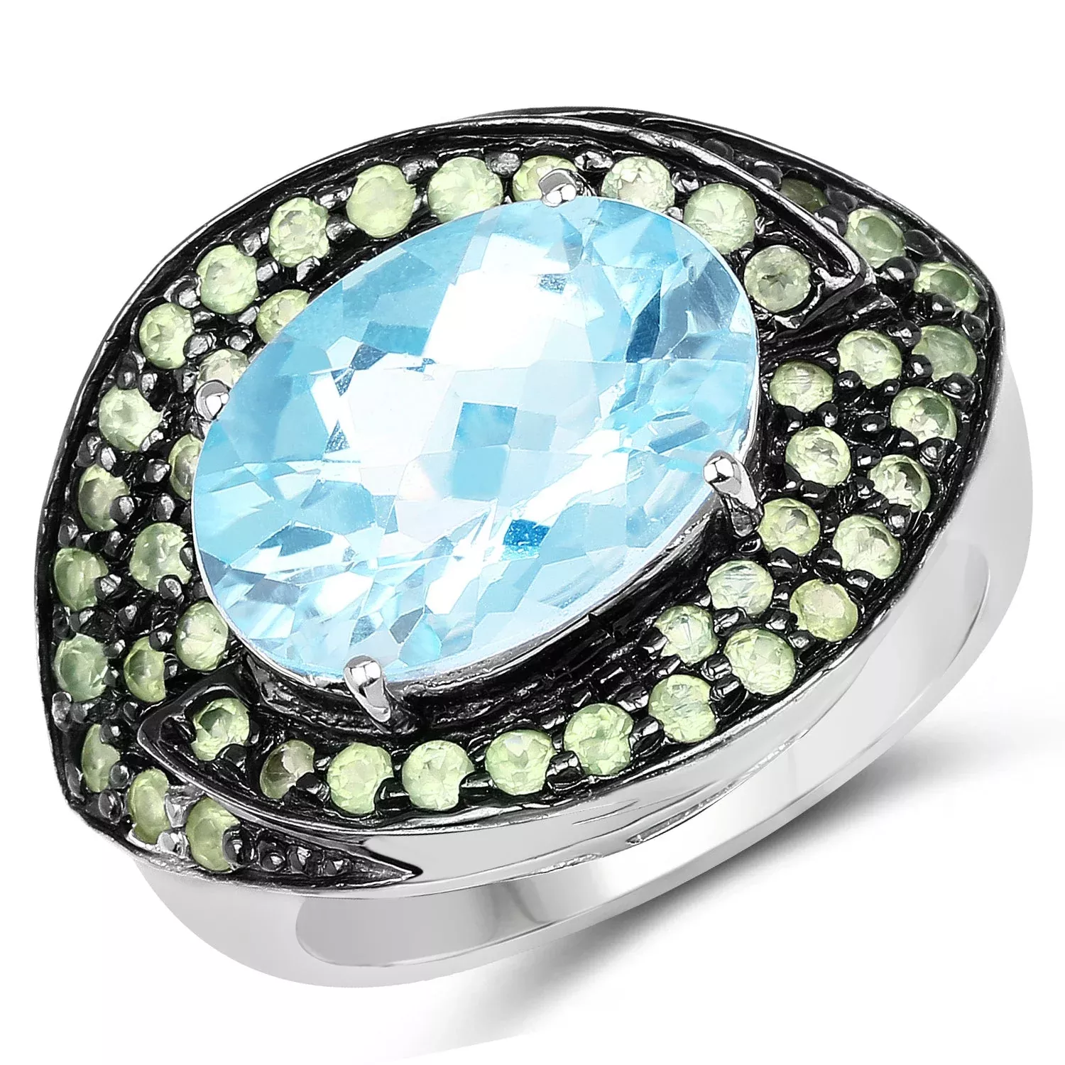 7.39 Carat Genuine Blue Topaz and Peridot .925 Sterling Silver Ring