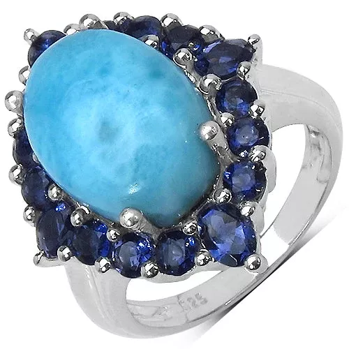 7.67 Carat Genuine Larimar and Iolite .925 Sterling Silver Ring