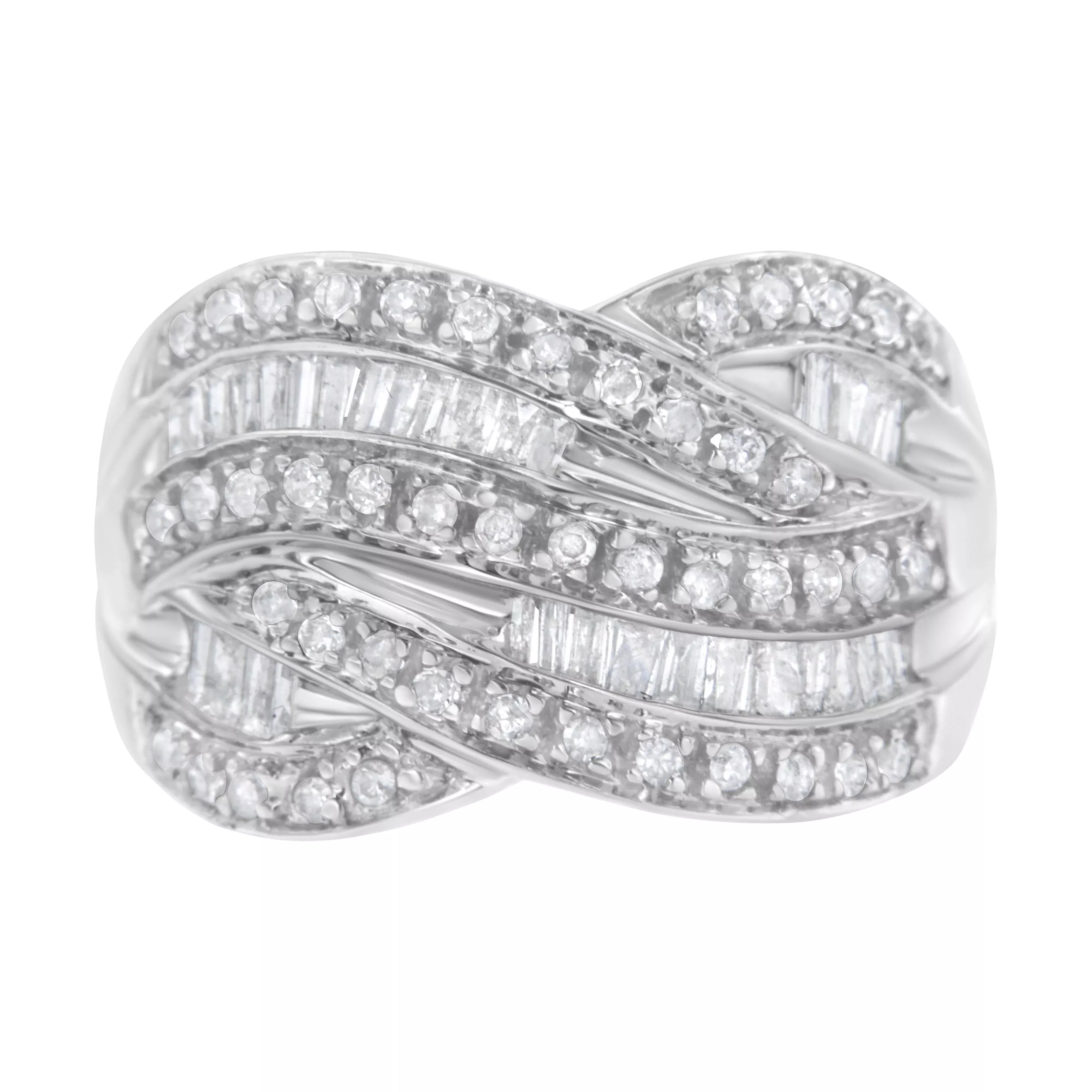 .925 Sterling Silver 1.0 Cttw Channel Set Alternating Round and Baguette Diamond Cross-over Bypass Ring Band (I-J Color, I2-I3 Clarity) - Size 7