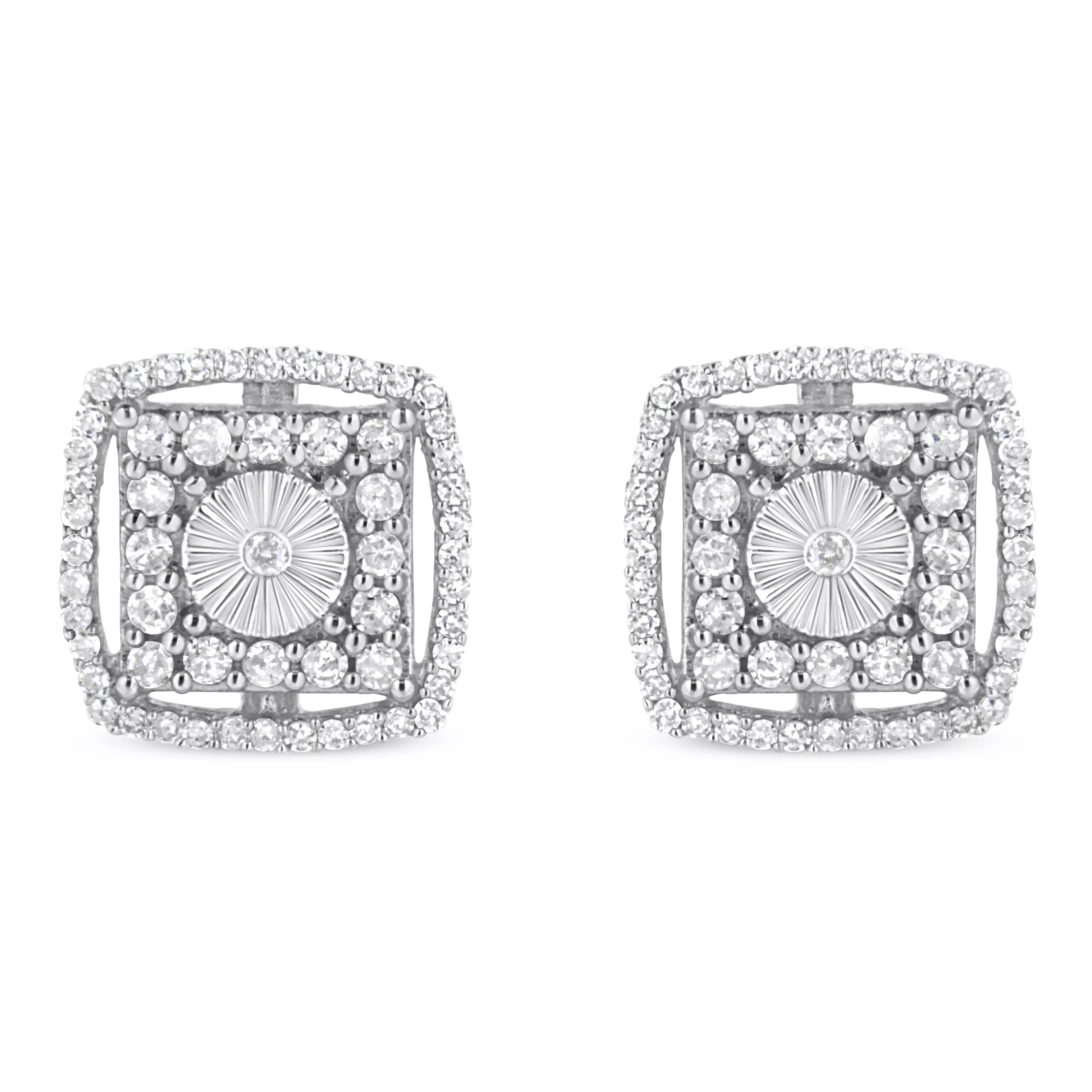 .925 Sterling Silver 1.0 Cttw Round Diamond Double Halo and Disc Stud Earring (I-J Color, I2-I3 Clarity)