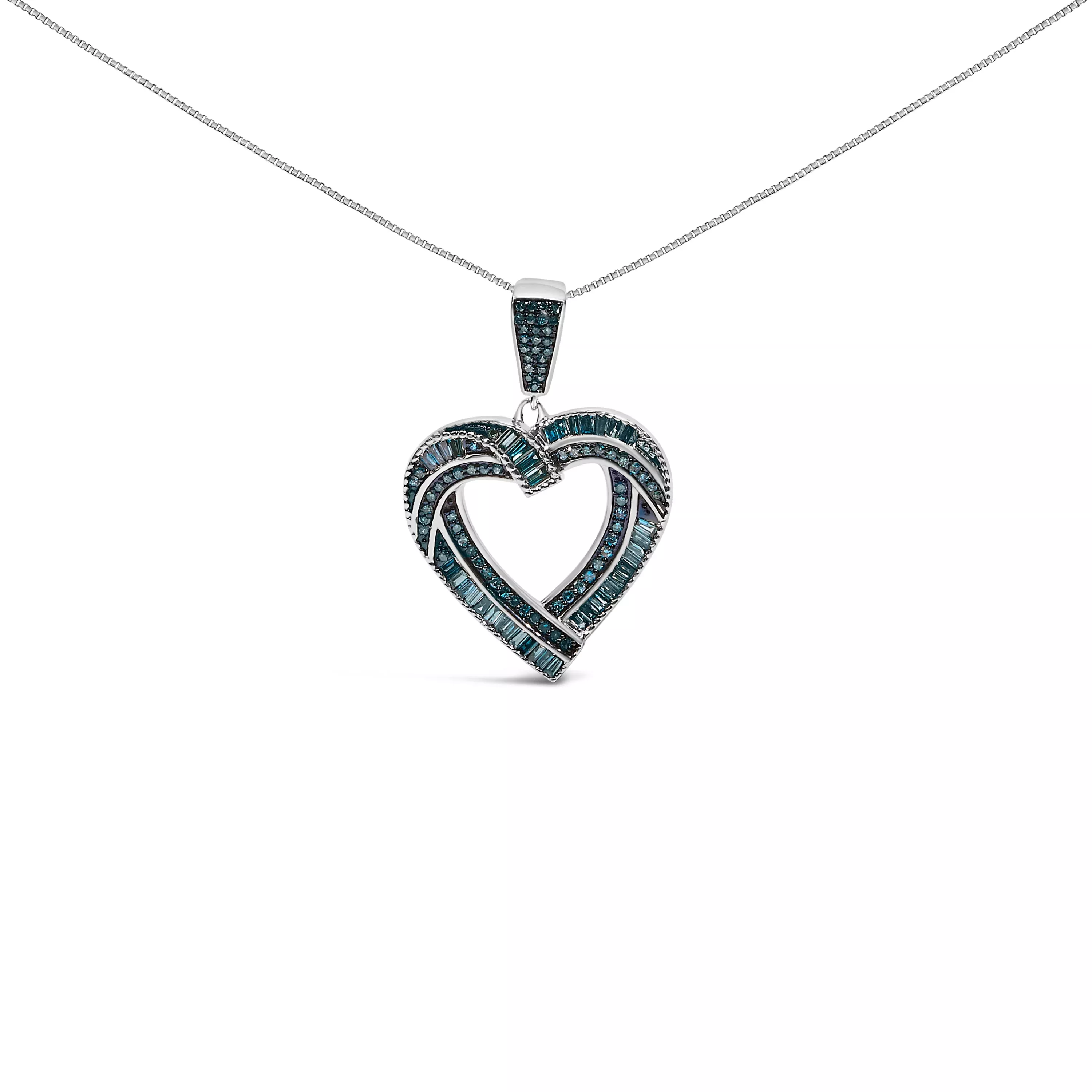 .925 Sterling Silver 1.00 Cttw Baguette and Round Blue Diamond Open Heart Pendant Necklace