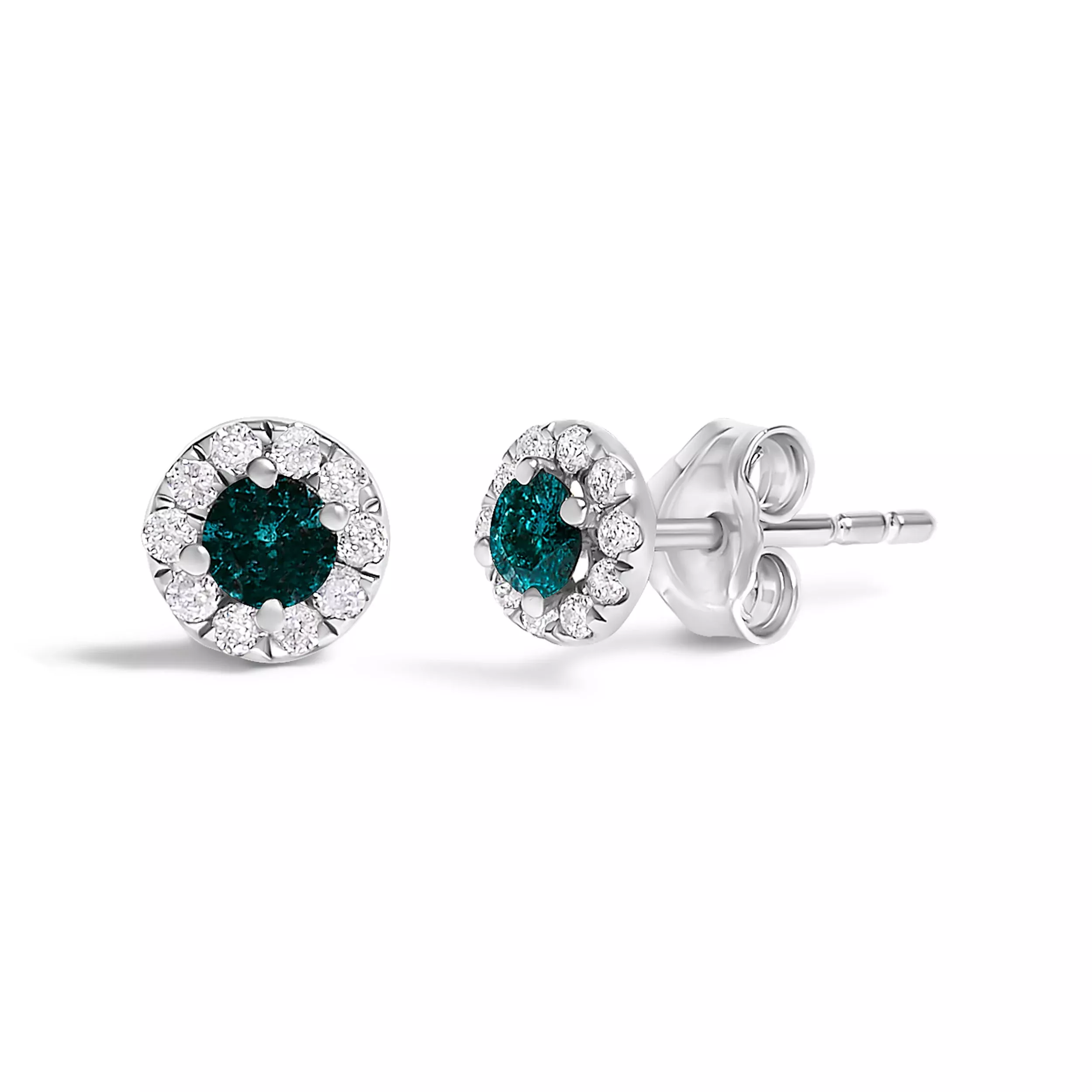 .925 Sterling Silver 1/3 Cttw White and Blue Diamond Halo Stud Earring