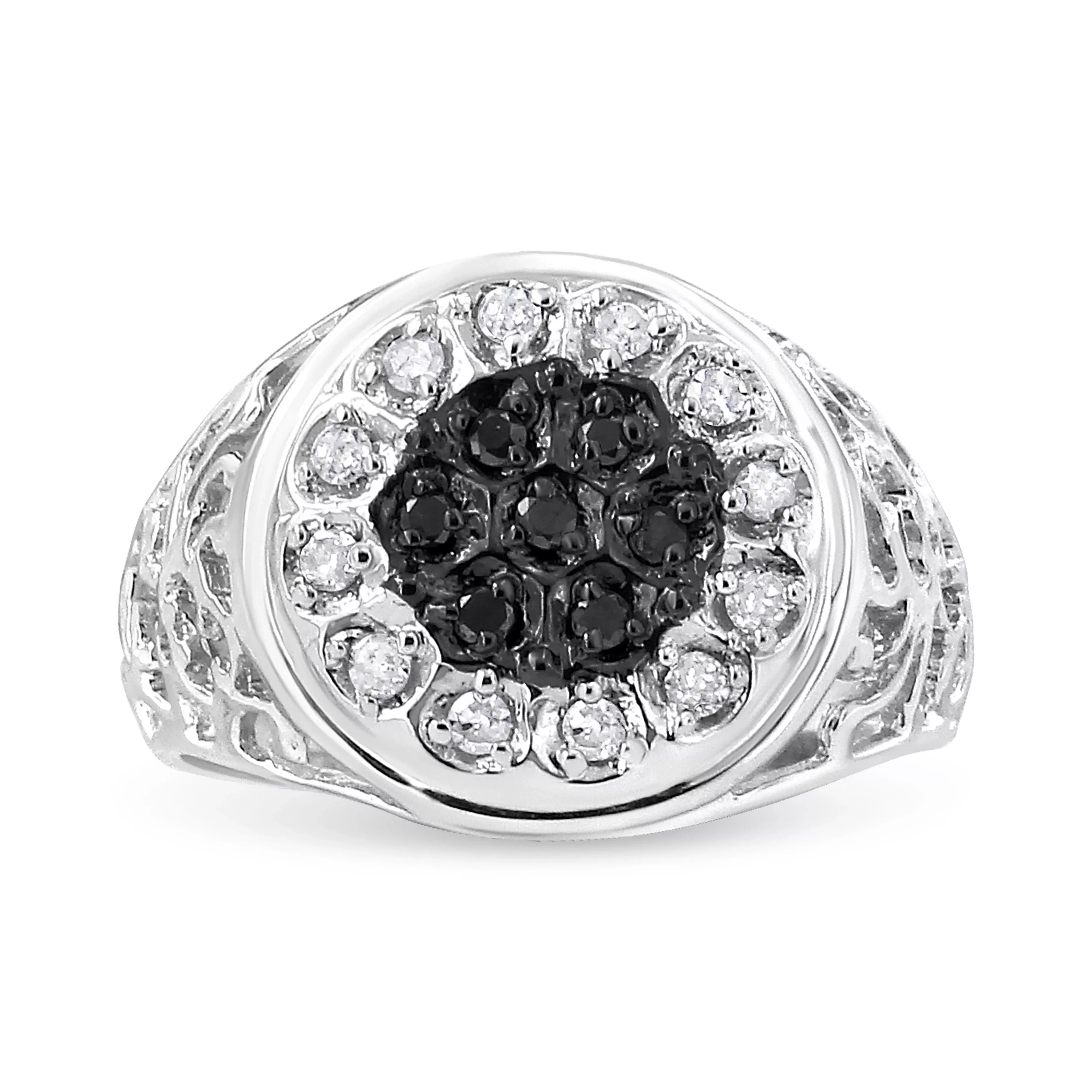 .925 Sterling Silver 1/4 Cttw White and Black Treated Diamond Halo Cluster Ring for Men (I-J Color, I3 Clarity) - Size 10