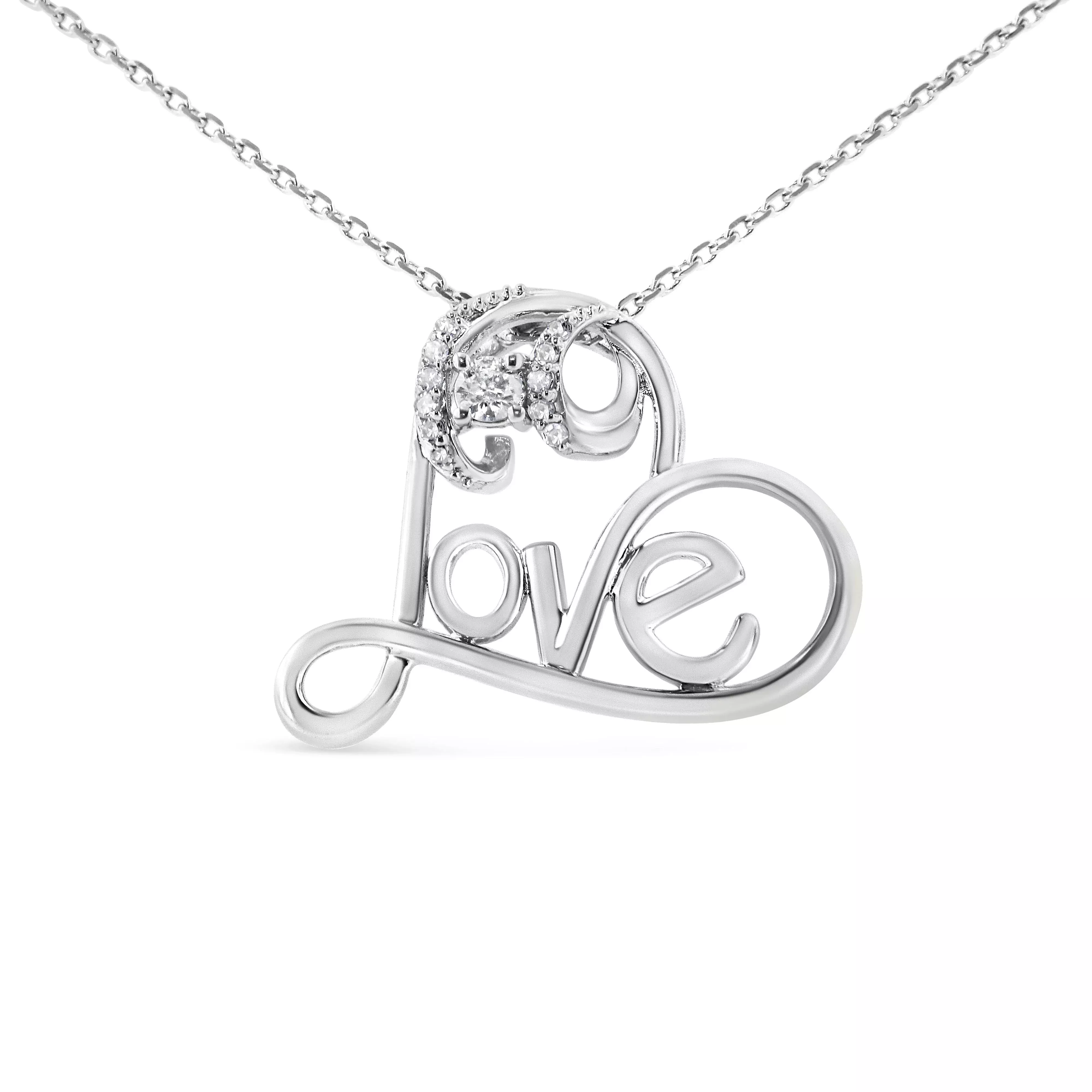 .925 Sterling Silver 1/6 Cttw Round Brilliant-Cut Diamond Accented Open Heart with Love 18" Pendant Necklace (H-I Color, I1-I2 Clarity)