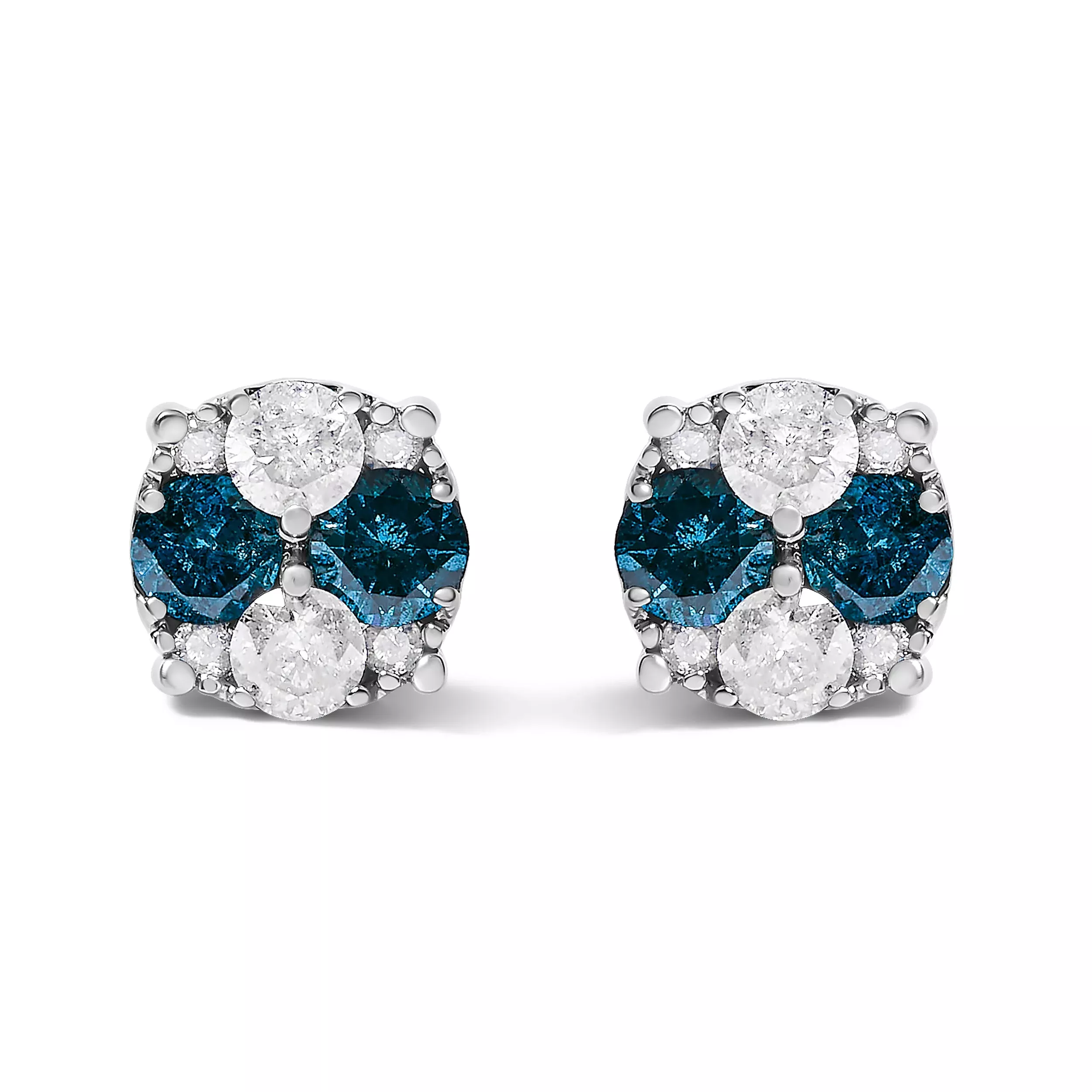 .925 Sterling Silver 2.0 Cttw Blue Diamond Composite Cluster Stud Earring