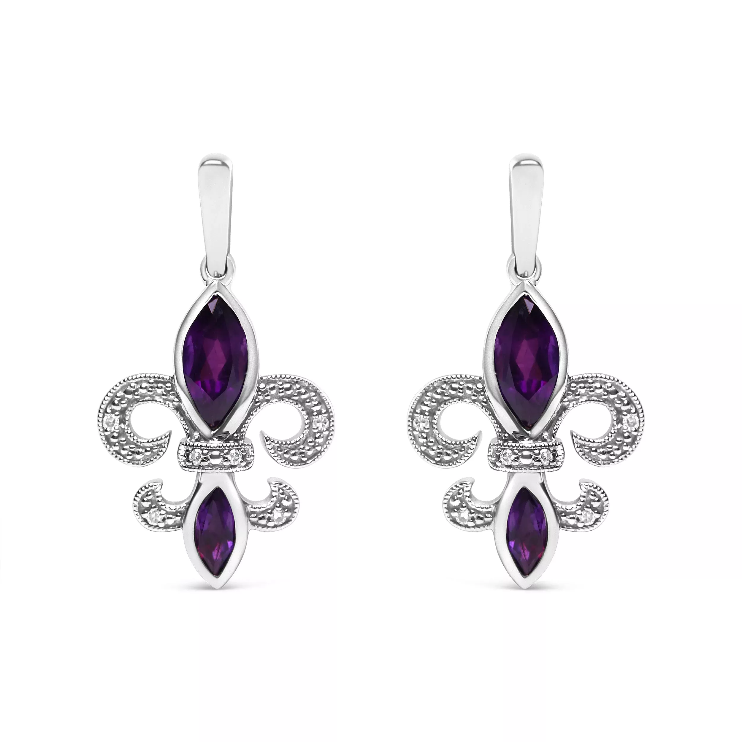 .925 Sterling Silver Marquise Cut Amethyst and Diamond Accent Fleur De Lis Dangle Stud Earrings (H-I Color, SI1-SI2 Clarity)