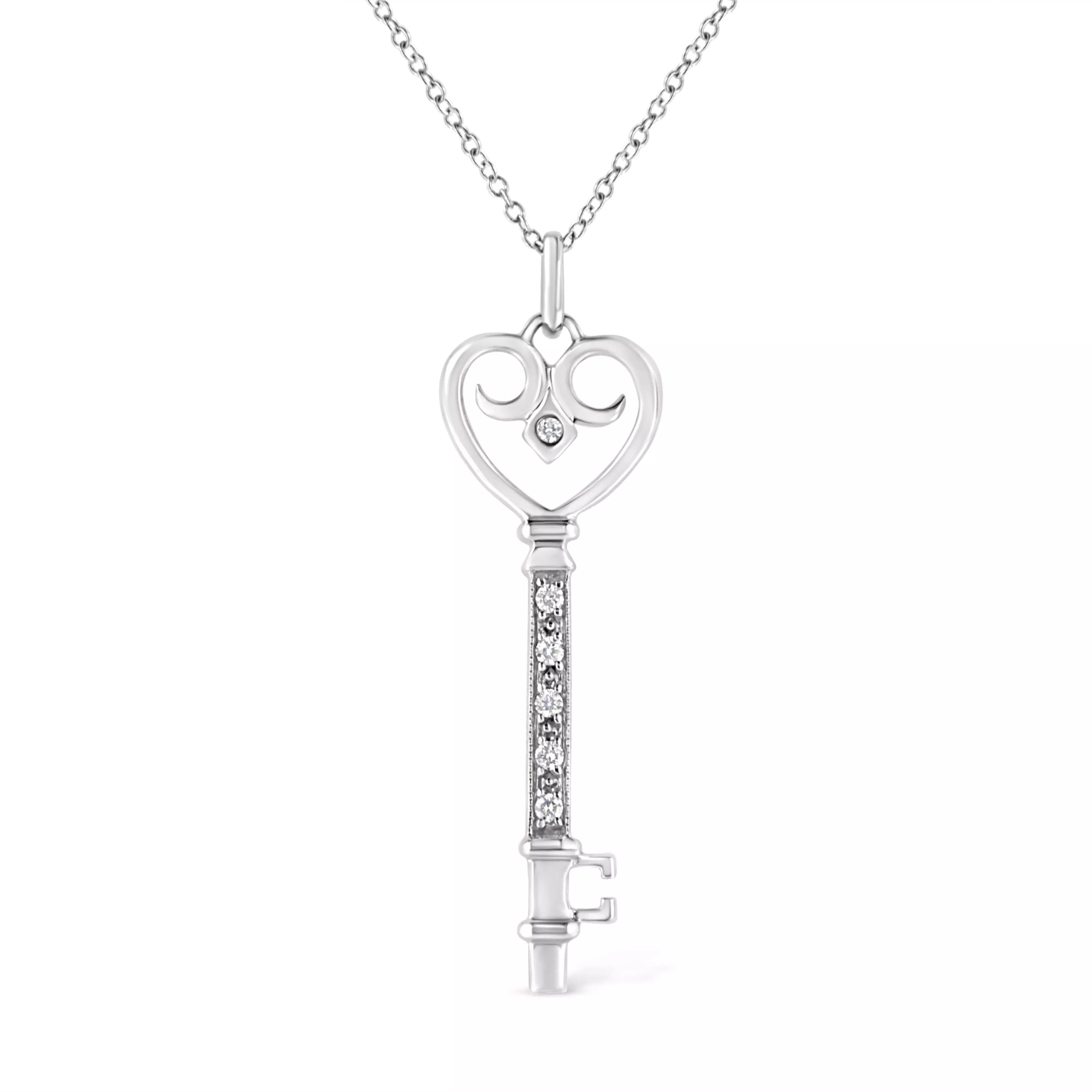 .925 Sterling Silver Pave and Bezel-Set Diamond Accent Key 18" Heart and Lock Pendant Necklace (K-L Color, I1-I2 Clarity)