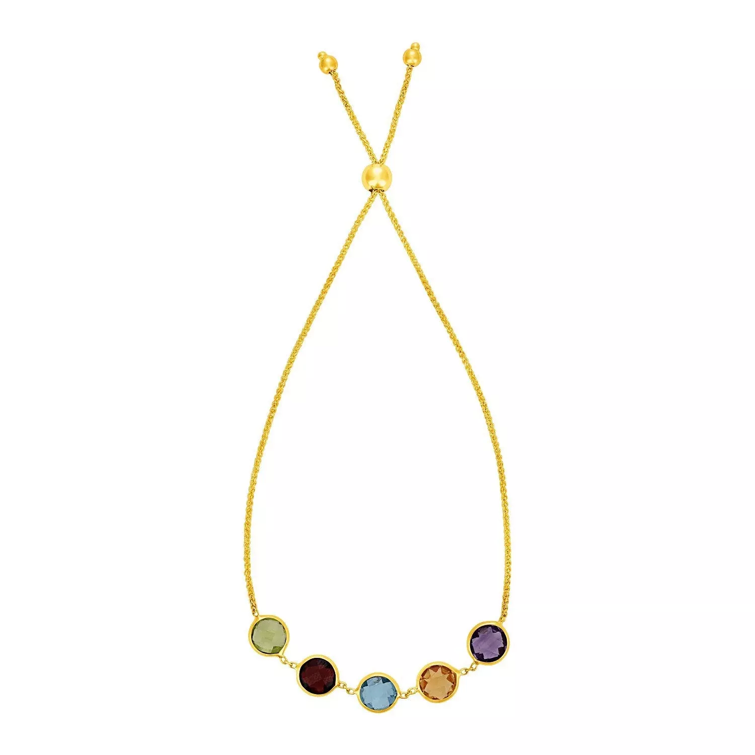 Adjustable Bracelet with Multicolored Large Round Gemstones in 14k Yellow Gold