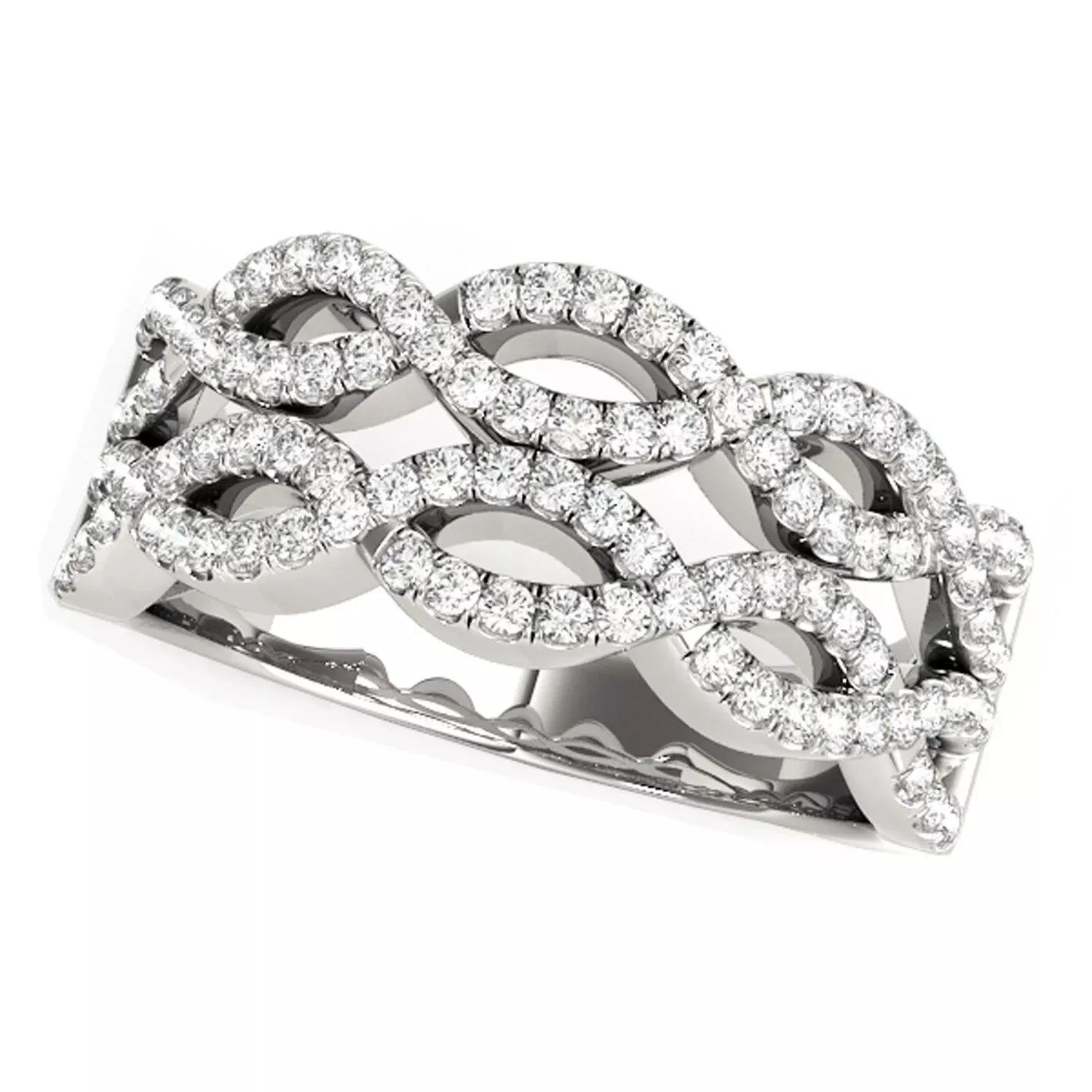 Diamond Studded Double Interlocking Waves Ring in 14k White Gold(5/8 cttw)