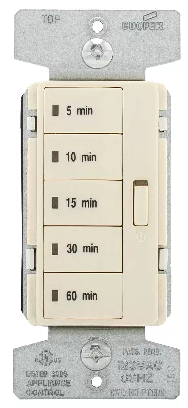 Eaton Wiring Devices PT18M-LA-K Programmable Minute Timer, 15 A, 120 V, 1800 W, 5 to 60 min Time Setting, Light Almond