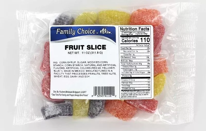 Family Choice 1110 Candy Slice, Assorted Fruits, 14 oz, Pack of 12