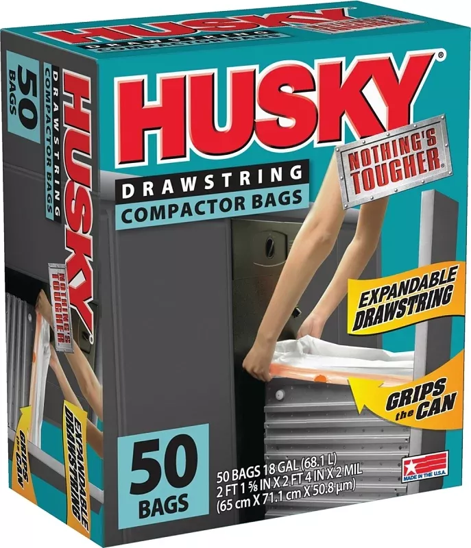 Husky HK18XDS050W Trash Compactor Bag with Drawstring, 18 gal, White, 2 ft 1-5/8 in L, 2 ft 4 in W