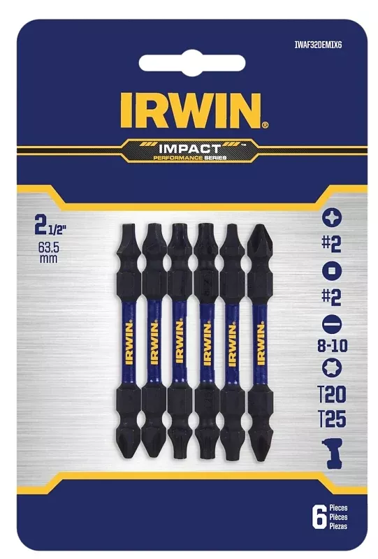 Irwin IWAF32DEMIX6 Double End Bit Set, Phillips, Square Drive, 1/4 in Shank, Hex Shank, 2-3/8 in L, Steel