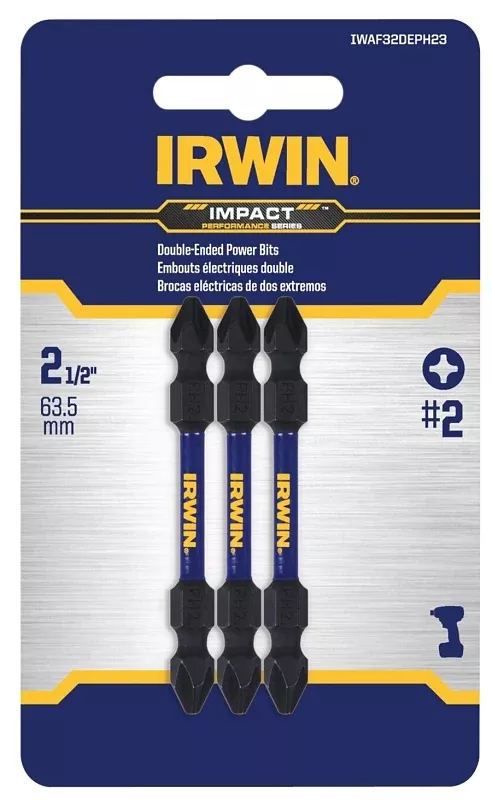 Irwin IWAF32DEPH23 Double End Bit Set, (3) #2 Phillips/#2 Phillips Drive, Phillips Drive, 1/4 in Shank, Hex Shank, Steel