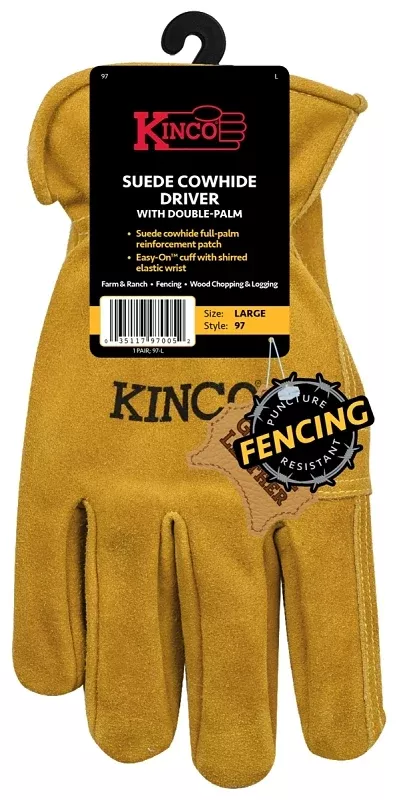 Kinco 97-M Work Gloves, Men's, M, Keystone Thumb, Shirred Elastic Cuff, Cowhide Leather, Gold
