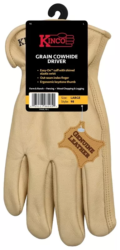 Kinco 98-M Driver Gloves, Men's, M, Keystone Thumb, Easy-On Cuff, Grain Cowhide Leather, Tan
