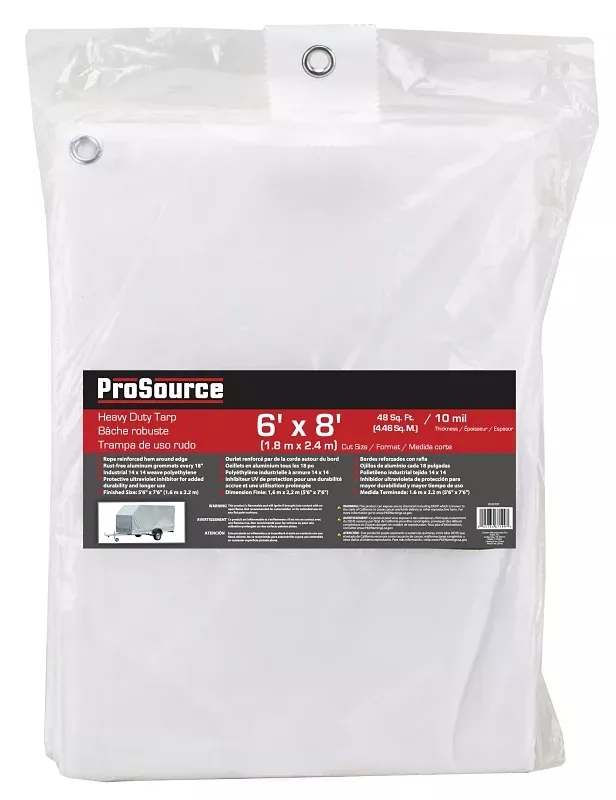 ProSource TW0608 Tarp, 8 ft L, 6 ft W, 10 mil Thick, Plastic, White