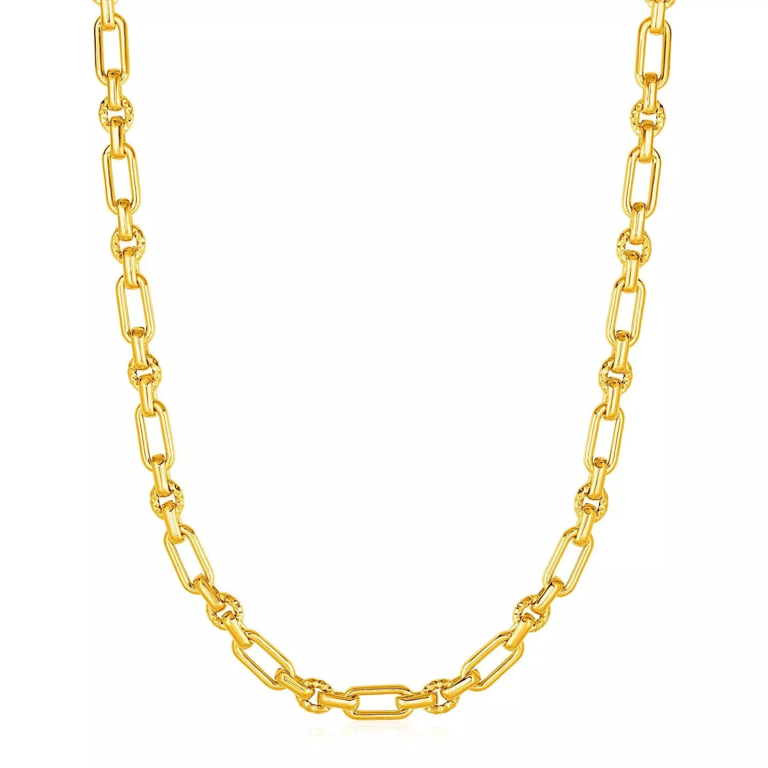 Rounded Rectangular Link Necklace with Textured Round Links in 14k Yellow Gold