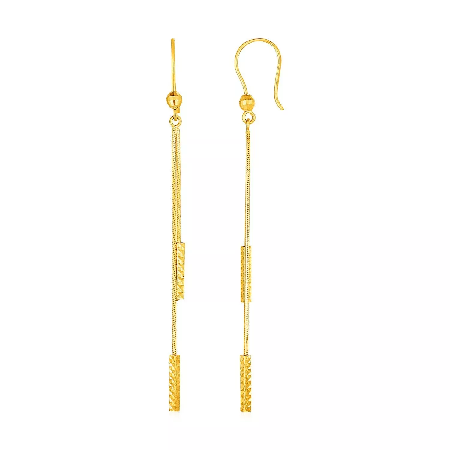 Textured Bar Long Drop Earrings in 14k Yellow Gold