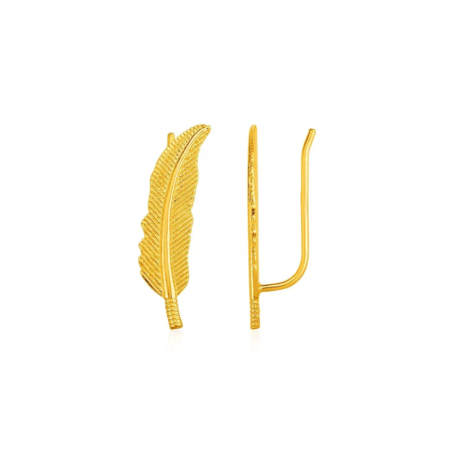 Textured Feather Climber Earrings in 14k Yellow Gold
