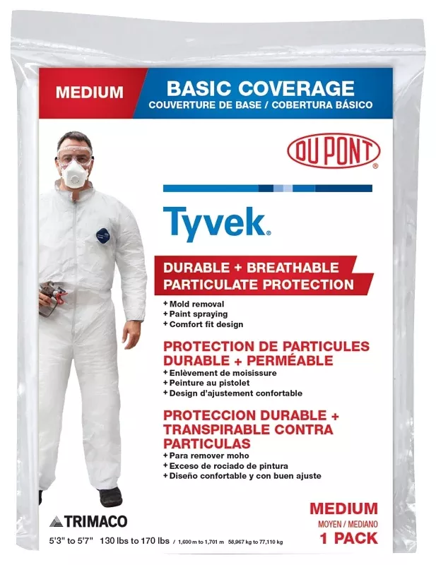 Trimaco 14121 Professional Painter's Coverall, M, Zipper Closure, Tyvek, White