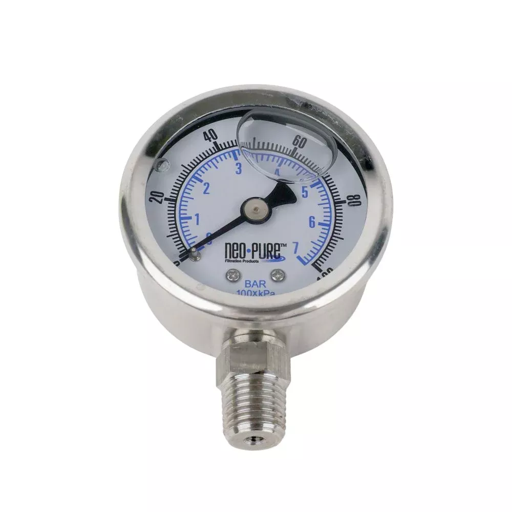 Water Pressure Gauge 100 PSI, 1/4" MPT, 2.0" Plastic Dial, Lower Mount, SS Case
