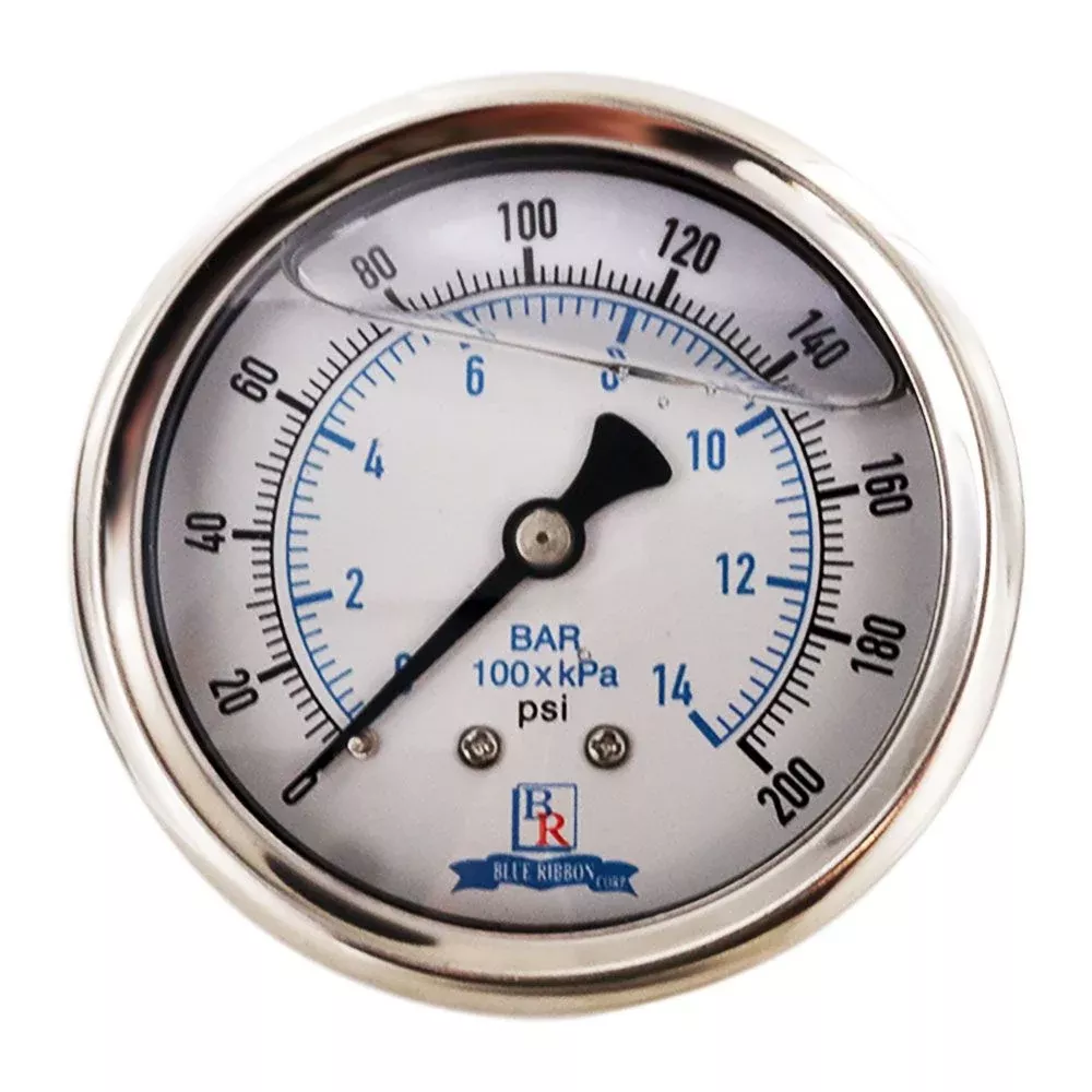 Water Pressure Gauge 200 PSI, 1/4" MPT, 2.5" Plastic Dial, Center Mount, SS Case