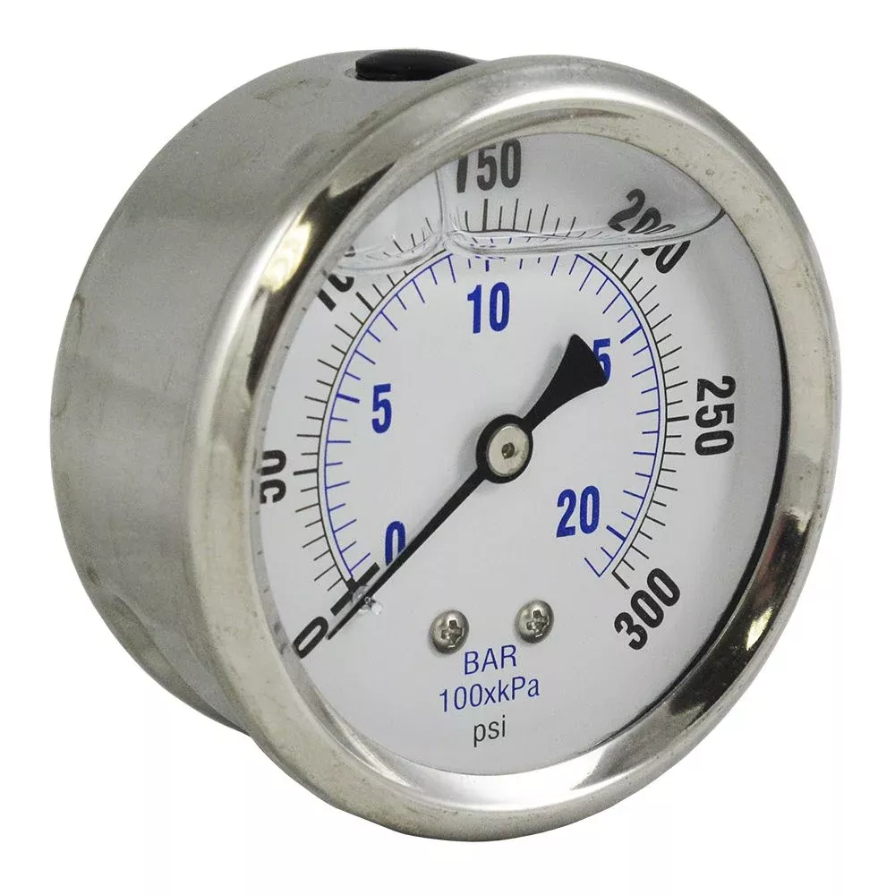 Water Pressure Gauge 300 PSI, 1/4" MPT, 2.5" Plastic Dial, Center Mount, SS Case